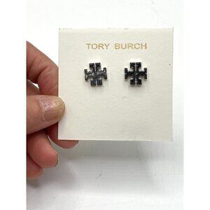 NWT Tory Burch Iconic Small T Logo Stud Pierced Earrings Silver Tone 3/8" Square